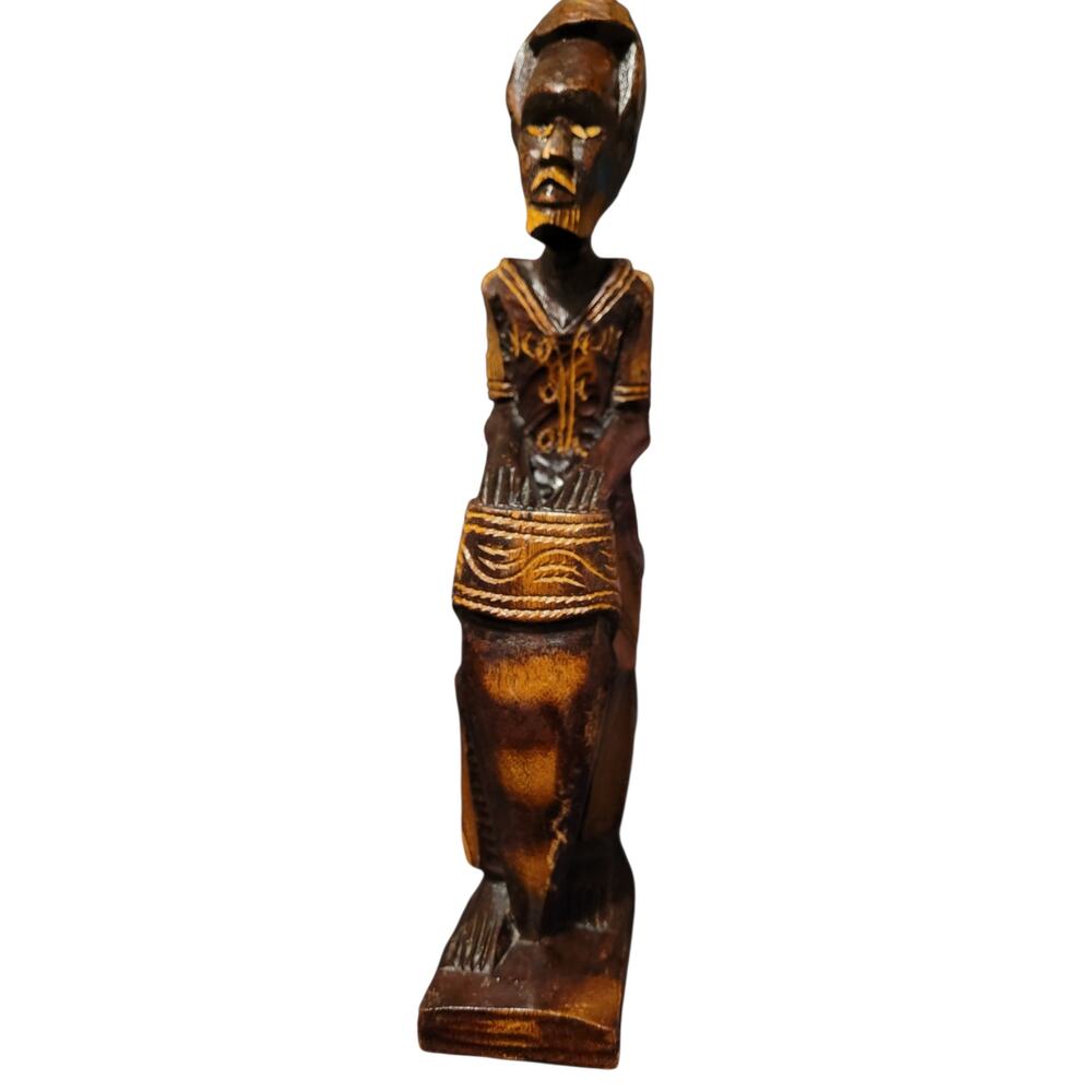 Hand-carved Wooden African Tribal statue of Man Playing a Tall Drum Vintage